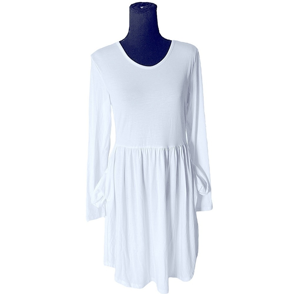 LONGYUAN Knee High White Long Sleeve Dress with pockets